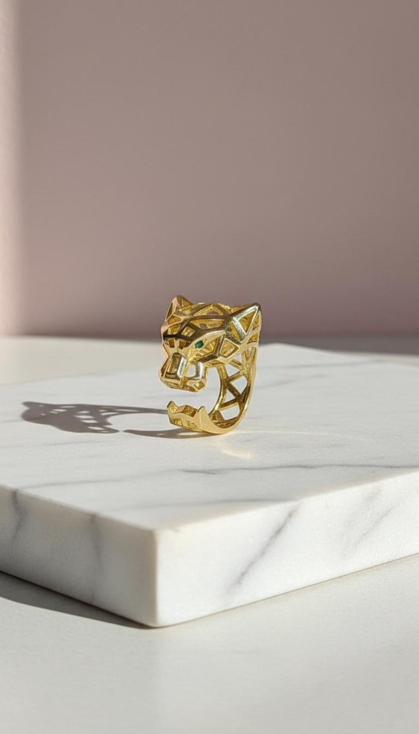 Gold Plated Stainless Steel Green Eyed Animal Panther Statement Ring