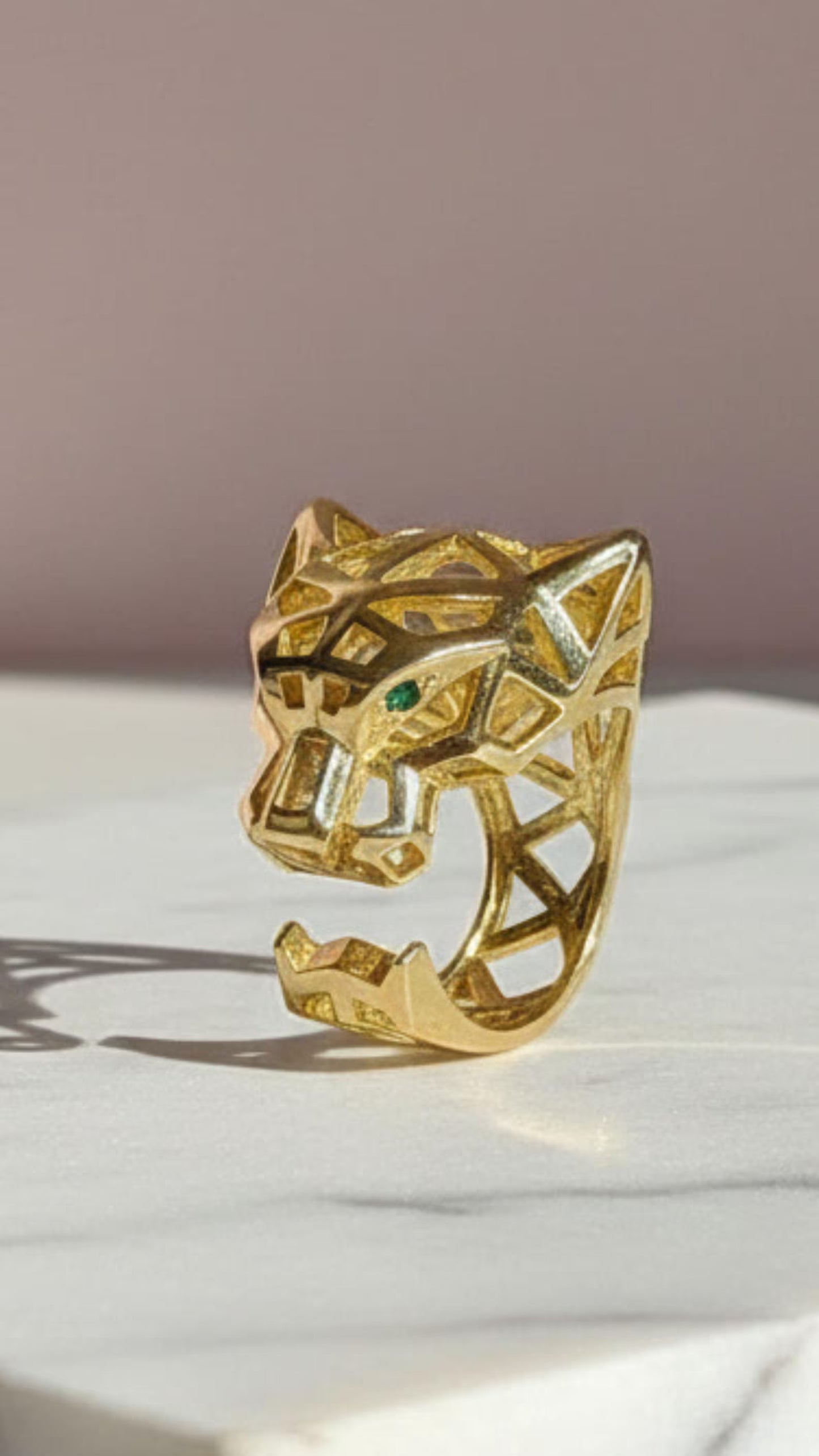 Gold Plated Stainless Steel Green Eyed Animal Panther Statement Ring