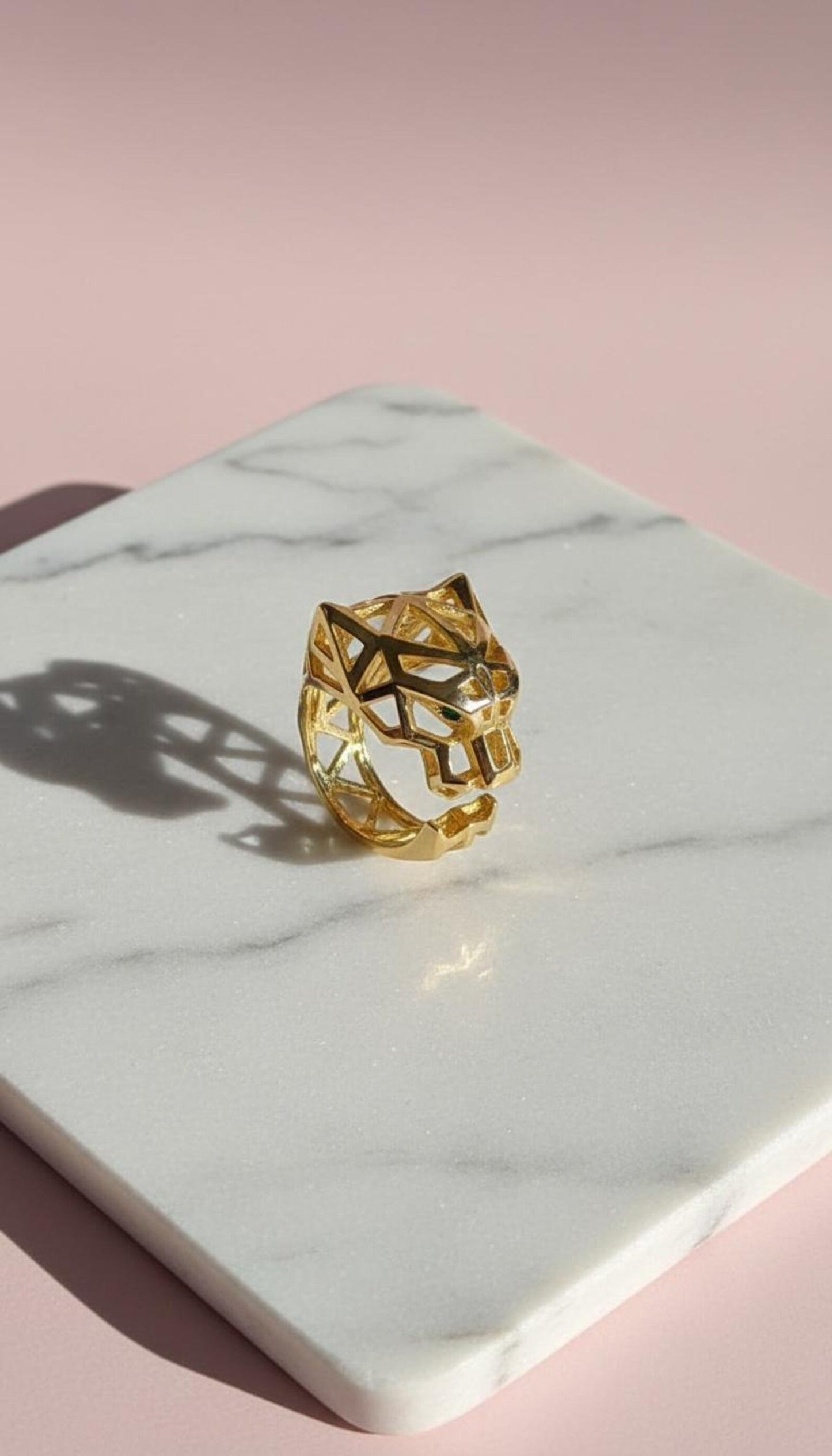 Gold Plated Stainless Steel Green Eyed Animal Panther Statement Ring